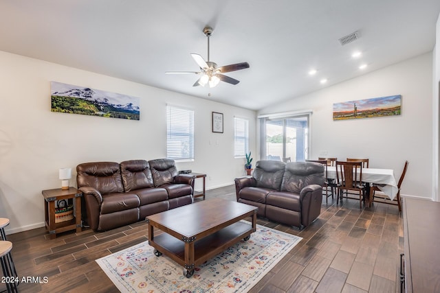 4218 W Palace Station Rd, New River, AZ 85087 - living room featuring a ceiling fan, dark wood-style floors, recessed lighting, lofted ceiling, and baseboards