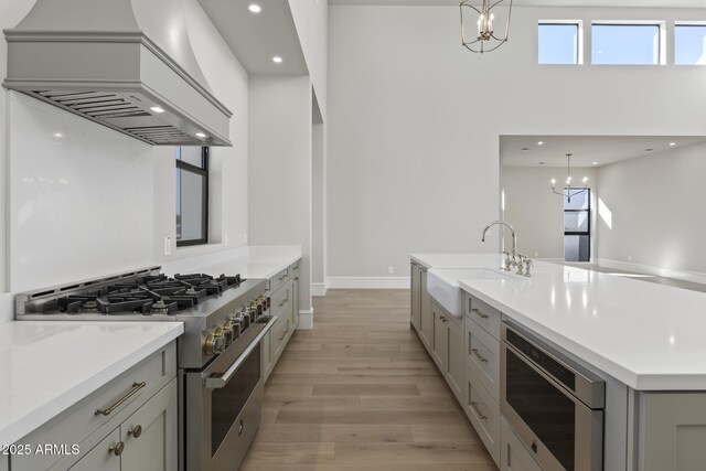8503 S 9th Dr Unit 17, Phoenix, AZ 85041 - kitchen featuring appliances with stainless steel finishes, custom range hood, a sink, light wood finished floors, and gray cabinets