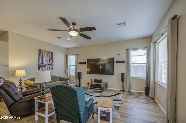 25659 W Forest Grove Ave, Buckeye, AZ 85326 - living area with light wood finished floors, ceiling fan, and baseboards