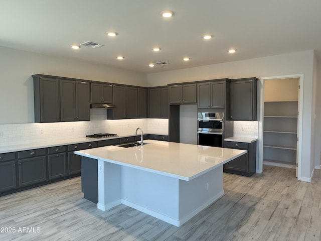 17324 W Royal Palm Rd, Waddell, AZ 85355 - kitchen featuring a sink, under cabinet range hood, appliances with stainless steel finishes, tasteful backsplash, and light wood-style flooring
