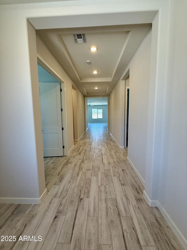 17324 W Royal Palm Rd, Waddell, AZ 85355 - corridor featuring light wood-style floors, baseboards, and a tray ceiling