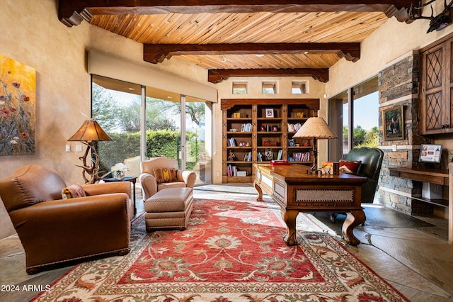 office with a wealth of natural light, beam ceiling, and wooden ceiling