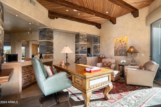 office space featuring wood ceiling, beamed ceiling, and ornate columns