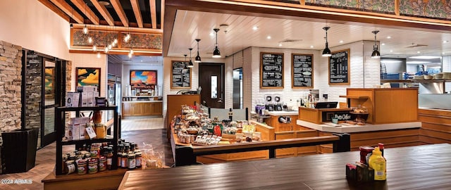 bar with wooden ceiling and brick wall