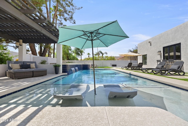 view of pool featuring a pergola, pool water feature, and a patio