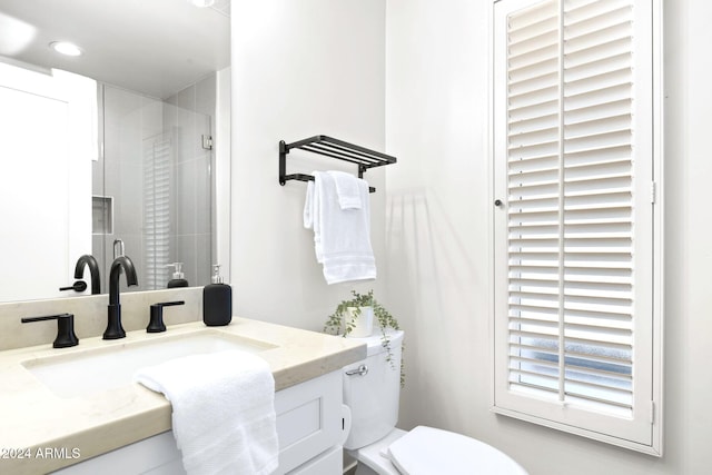 bathroom with vanity, an enclosed shower, and toilet