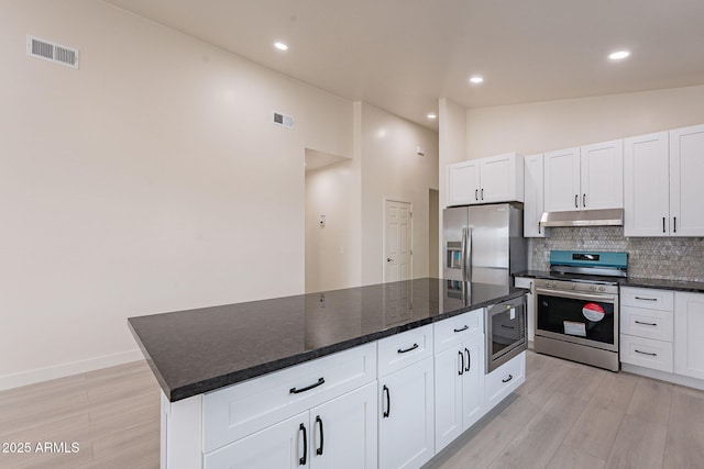 kitchen with white cabinetry, tasteful backsplash, a center island, dark stone counters, and stainless steel appliances