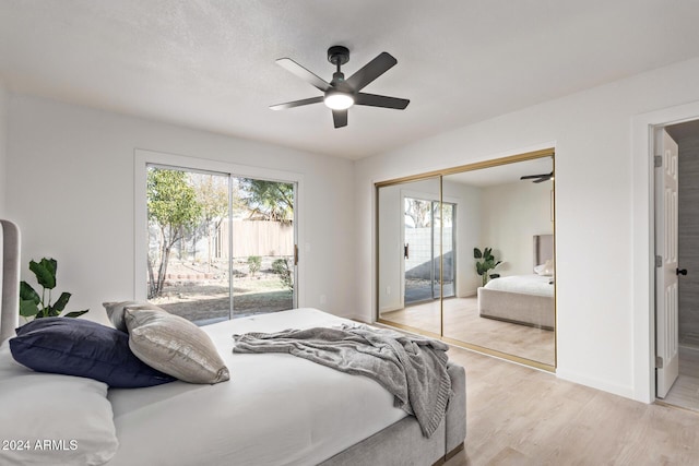 bedroom with multiple windows, access to outside, light wood-type flooring, and a closet