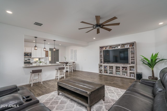 living room with wood-type flooring, sink, and ceiling fan