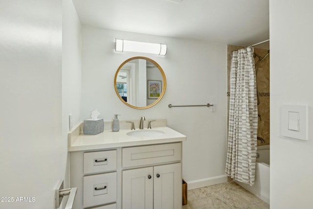 bathroom featuring vanity and shower / bath combination with curtain