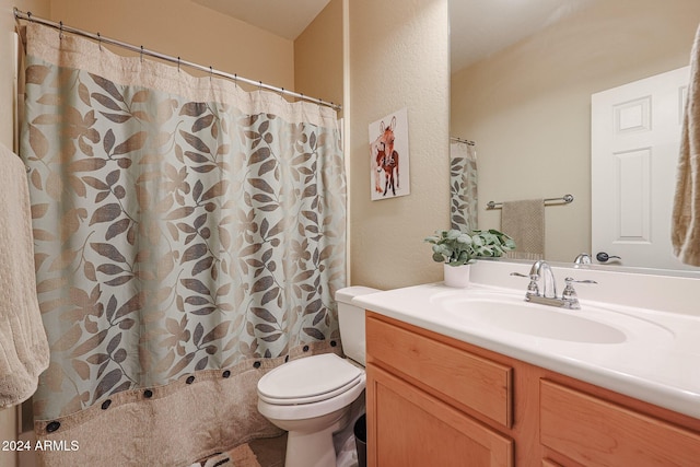 bathroom featuring vanity, toilet, and curtained shower