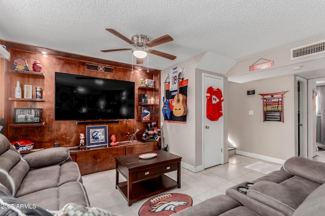 14001 N 34th Dr, Phoenix, AZ 85053 - living room with ceiling fan, baseboards, a textured ceiling, light tile patterned flooring, and wooden walls