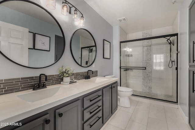 7936 E Wilshire Dr Unit 205, Scottsdale, AZ 85257 - bathroom with toilet, decorative backsplash, a sink, and a shower stall