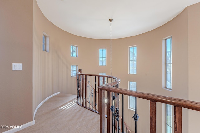 hall with a healthy amount of sunlight and light colored carpet