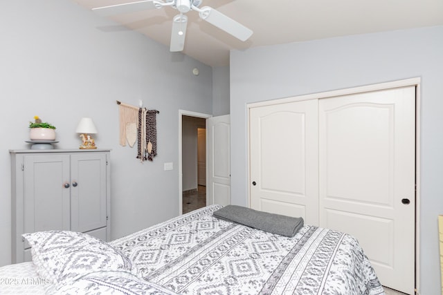 bedroom with ceiling fan and a closet