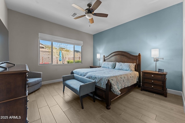 bedroom featuring ceiling fan and light wood-type flooring