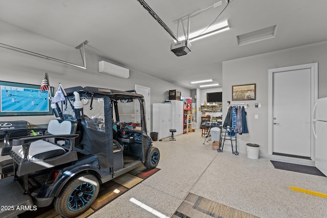 garage featuring a garage door opener and a wall unit AC