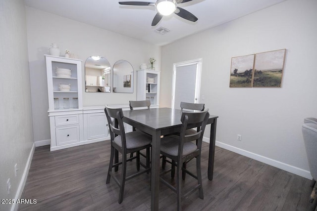 dining space with dark wood-type flooring and ceiling fan