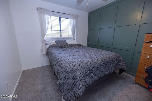 bedroom with light carpet and ceiling fan