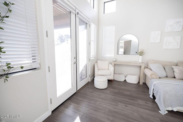 bedroom with french doors, a towering ceiling, dark hardwood / wood-style floors, and access to outside