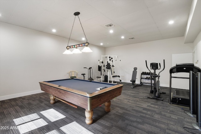 game room featuring billiards and dark colored carpet