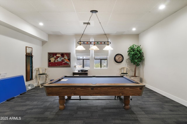 rec room with a paneled ceiling, billiards, and dark colored carpet