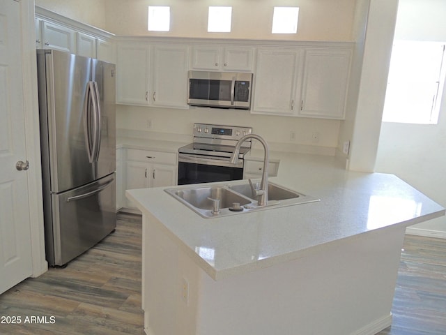 9233 E Neville Ave Unit 1011, Mesa, AZ 85209 - kitchen with stainless steel appliances, a peninsula, dark wood finished floors, and light countertops