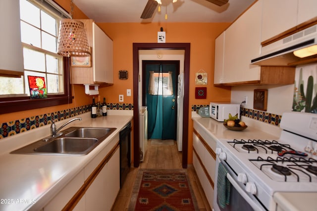 kitchen with white cabinetry, sink, white appliances, and plenty of natural light