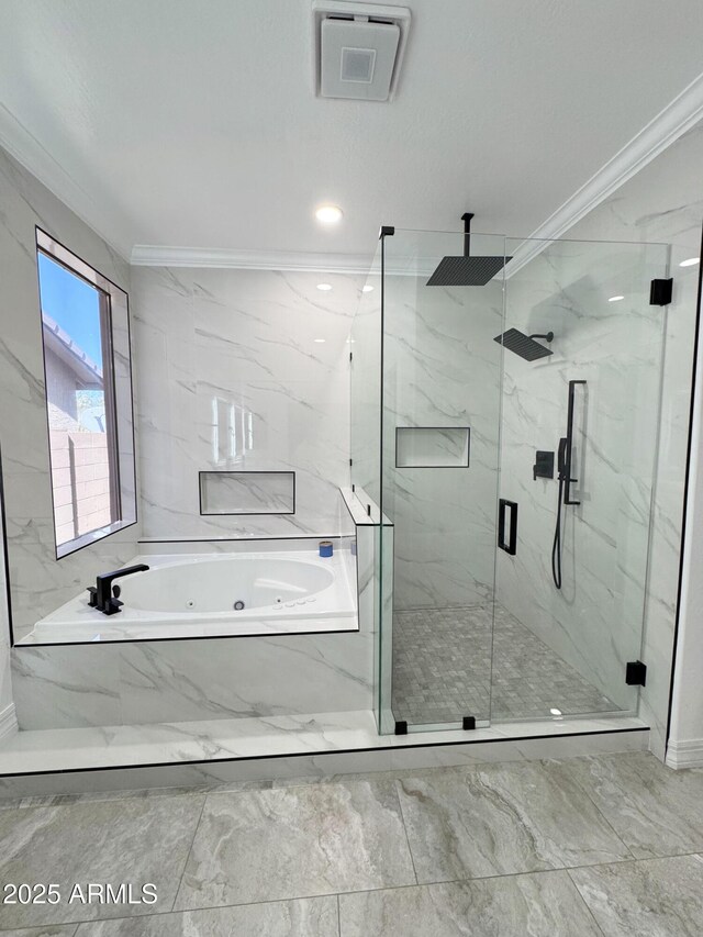 bathroom with ornamental molding and plus walk in shower