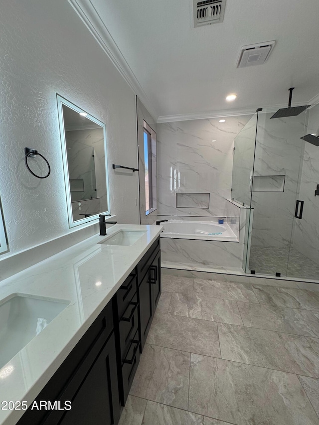 bathroom featuring plus walk in shower, crown molding, and vanity