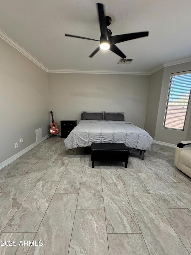 bedroom featuring ceiling fan and crown molding