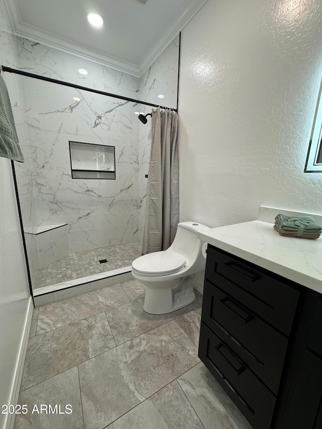 bathroom with toilet, vanity, crown molding, and curtained shower