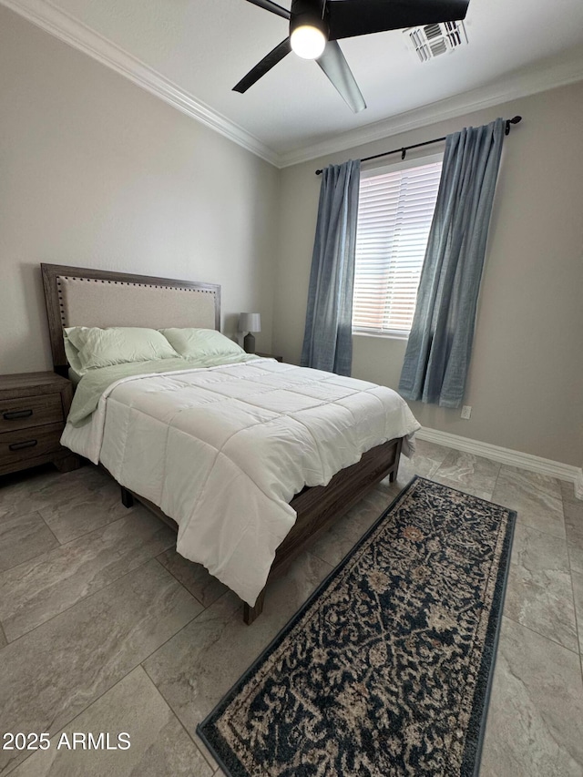 bedroom with crown molding and ceiling fan