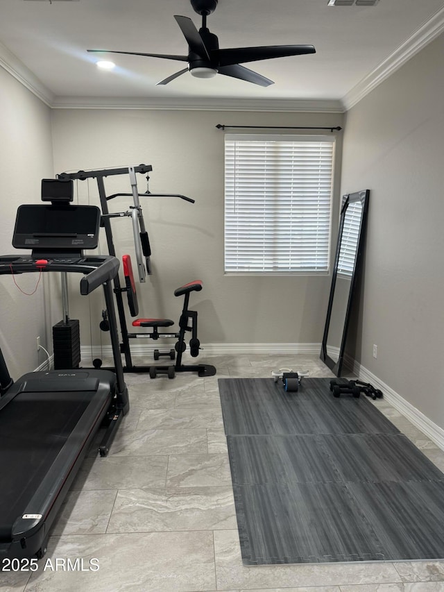 exercise room with ornamental molding and ceiling fan