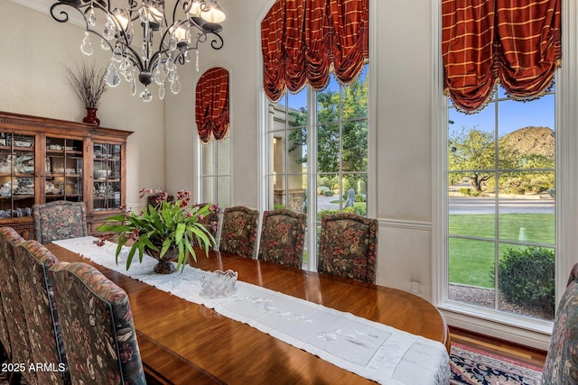 9451 E Happy Valley Rd, Scottsdale, AZ 85255 - dining area with a notable chandelier, wood finished floors, and a healthy amount of sunlight