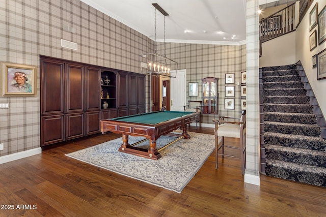 9451 E Happy Valley Rd, Scottsdale, AZ 85255 - game room featuring crown molding, wallpapered walls, billiards, a towering ceiling, and dark wood-style flooring