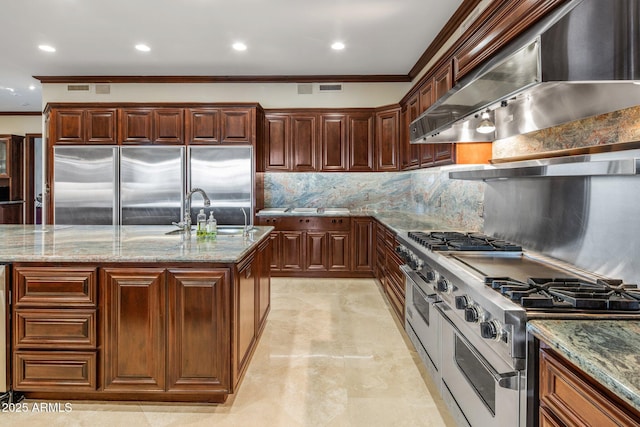 9451 E Happy Valley Rd, Scottsdale, AZ 85255 - kitchen with tasteful backsplash, a sink, premium appliances, ornamental molding, and ventilation hood