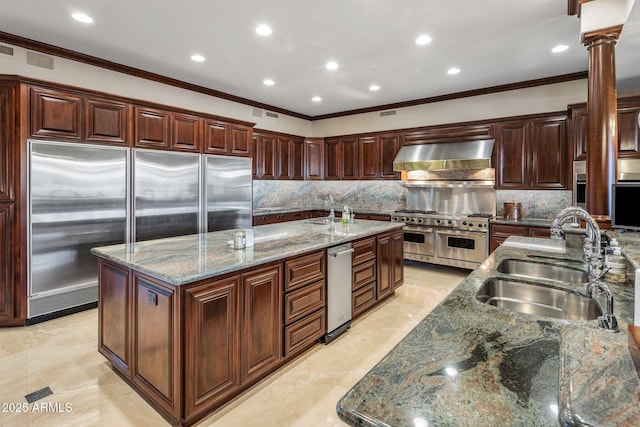 9451 E Happy Valley Rd, Scottsdale, AZ 85255 - kitchen featuring wall chimney range hood, crown molding, a sink, and high end appliances