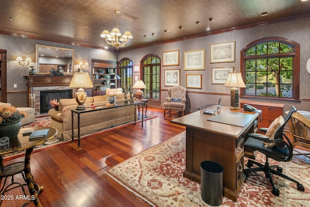9451 E Happy Valley Rd, Scottsdale, AZ 85255 - office area featuring ornamental molding, a chandelier, wood finished floors, and a wainscoted wall
