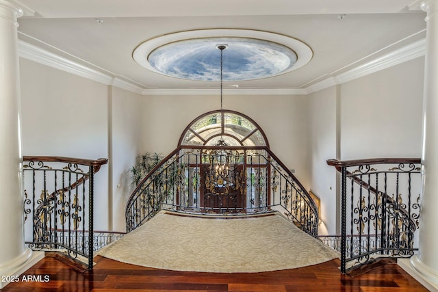 9451 E Happy Valley Rd, Scottsdale, AZ 85255 - interior space with a chandelier, a raised ceiling, wood finished floors, and an upstairs landing
