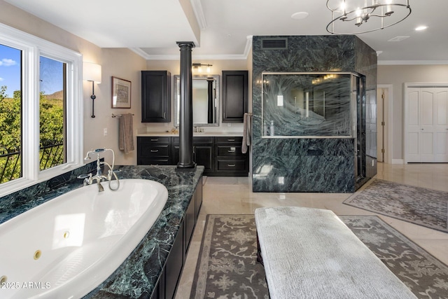 9451 E Happy Valley Rd, Scottsdale, AZ 85255 - full bathroom featuring a jetted tub, visible vents, vanity, ornamental molding, and a marble finish shower