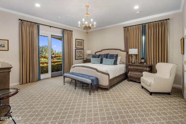 9451 E Happy Valley Rd, Scottsdale, AZ 85255 - carpeted bedroom featuring an inviting chandelier, access to outside, baseboards, ornamental molding, and recessed lighting
