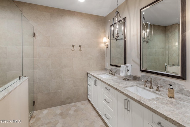 9451 E Happy Valley Rd, Scottsdale, AZ 85255 - bathroom featuring tile patterned flooring, a sink, double vanity, and tiled shower