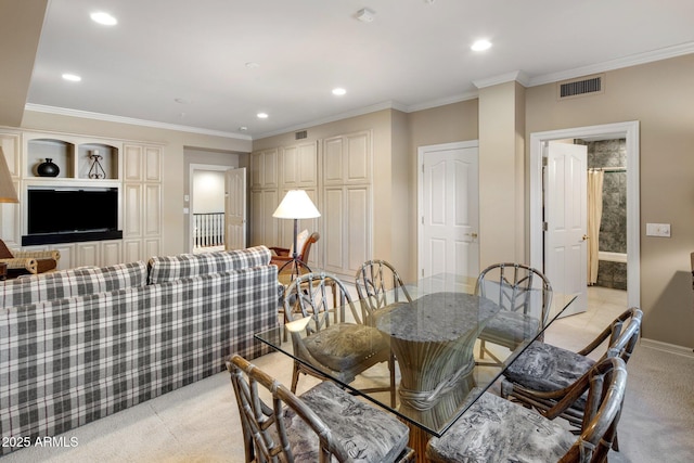 9451 E Happy Valley Rd, Scottsdale, AZ 85255 - dining area with light carpet, crown molding, visible vents, and recessed lighting