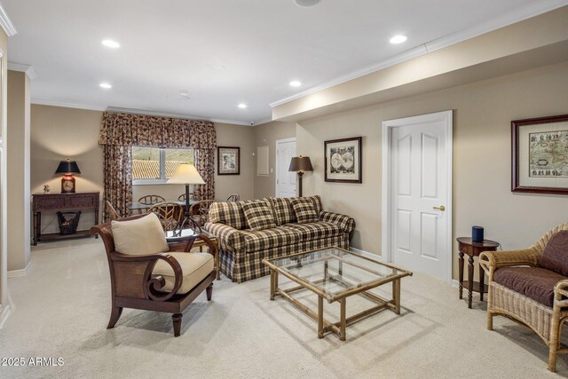 9451 E Happy Valley Rd, Scottsdale, AZ 85255 - living room featuring light colored carpet, baseboards, and crown molding