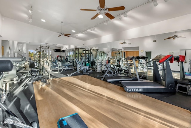 9451 E Happy Valley Rd, Scottsdale, AZ 85255 - exercise room with lofted ceiling, rail lighting, and a ceiling fan