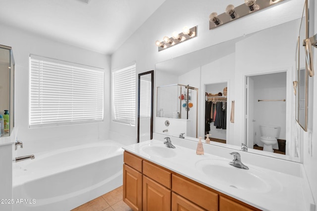 16887 W Belleview St, Goodyear, AZ 85338 - full bath with a garden tub, a shower stall, toilet, double vanity, and a spacious closet