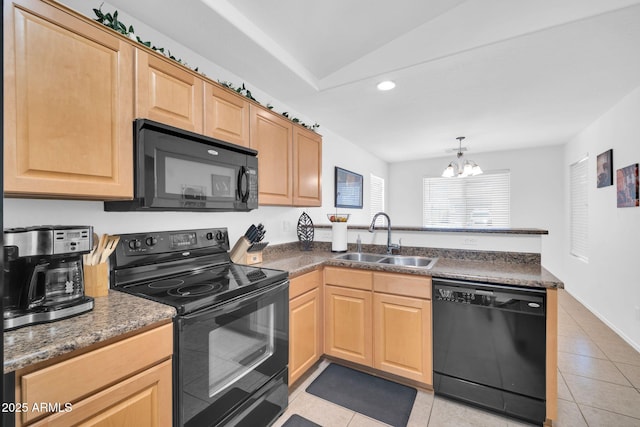 16887 W Belleview St, Goodyear, AZ 85338 - kitchen with black appliances, a sink, a chandelier, a peninsula, and light tile patterned floors