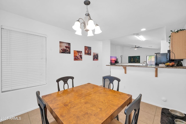 16887 W Belleview St, Goodyear, AZ 85338 - dining area with light tile patterned flooring, a chandelier, baseboards, a ceiling fan, and recessed lighting