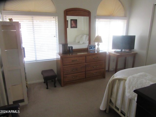 bedroom with light carpet